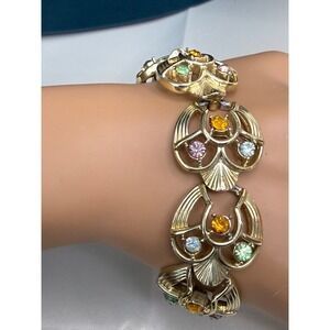 Vintage Signed Coro Script bracelet  rhinestones gold tone 1950's